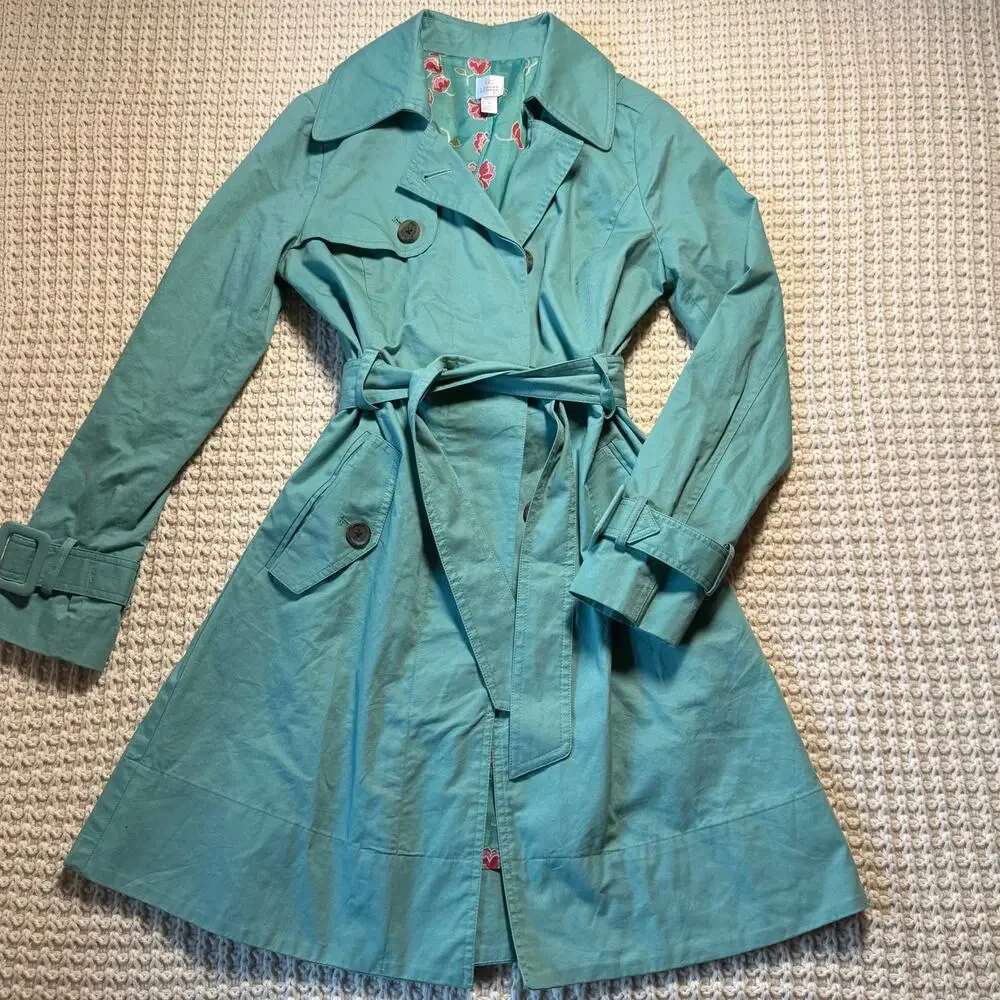 LC Lauren Conrad Seafoam Green Trench Coat Floral Lining Size 4 - Picture 5 of 14